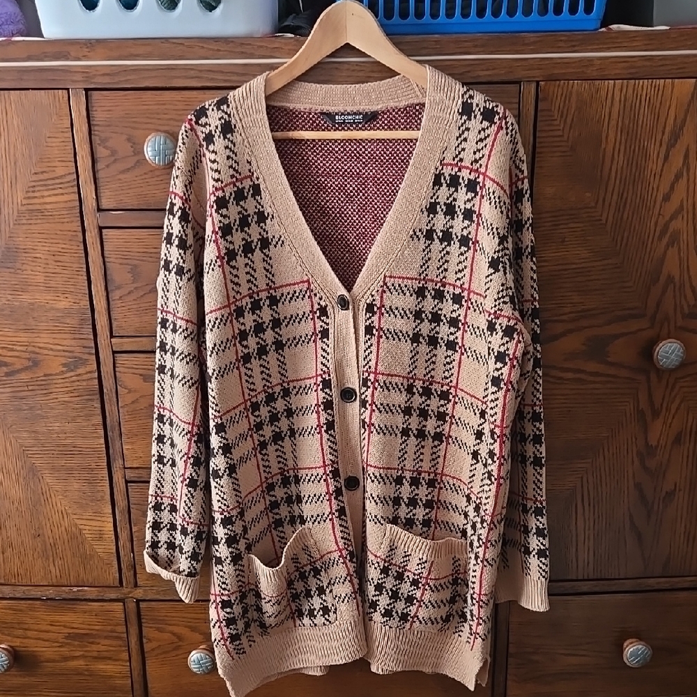 BLOOMCHIC Plaid Button-Up 3/4 Cardigan. Sz 14-16